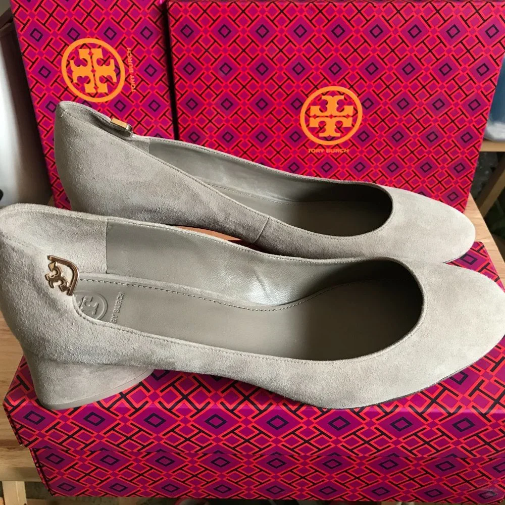 Tory Burch Gray Suede Block Heel Pumps
